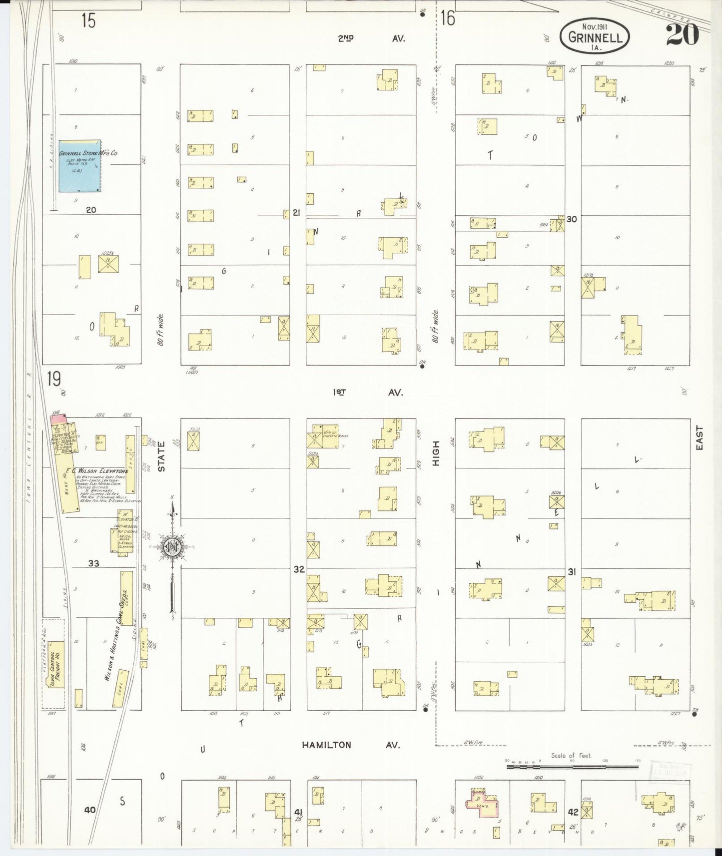 Sanborn Fire Insurance Map from Grinnell, Poweshiek County, Iowa (1911), Sheet #0020 - Historic Sanborn Fire Insurance Map Print, vintage old map wall art
