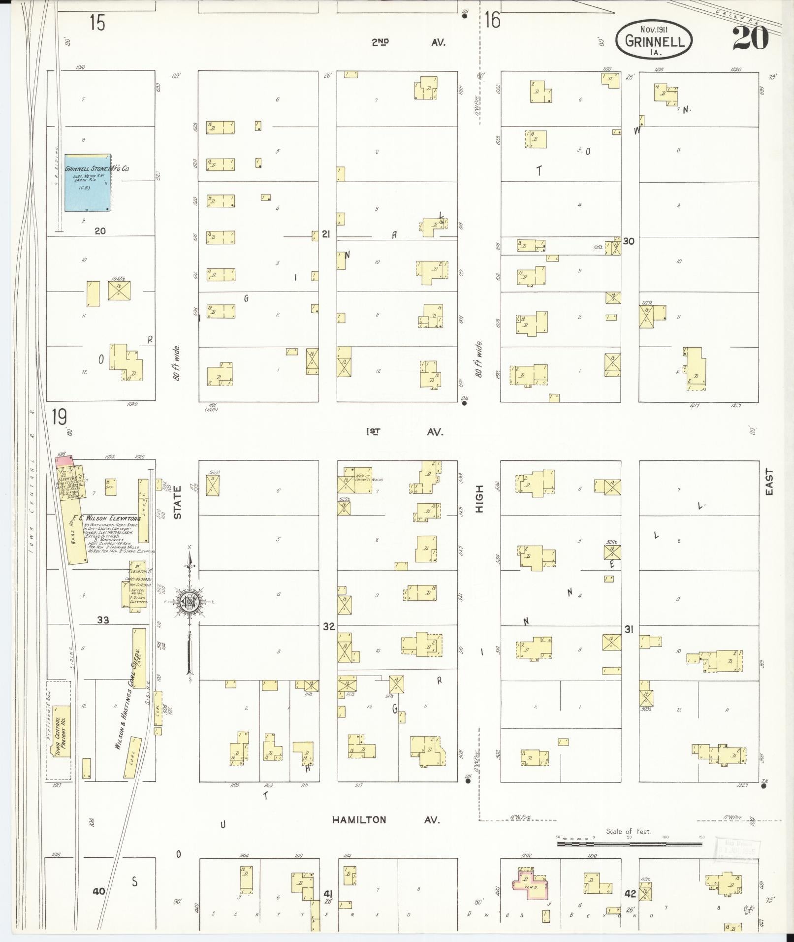 Sanborn Fire Insurance Map from Grinnell, Poweshiek County, Iowa (1911), Sheet #0020 - Historic Sanborn Fire Insurance Map Print, vintage old map wall art