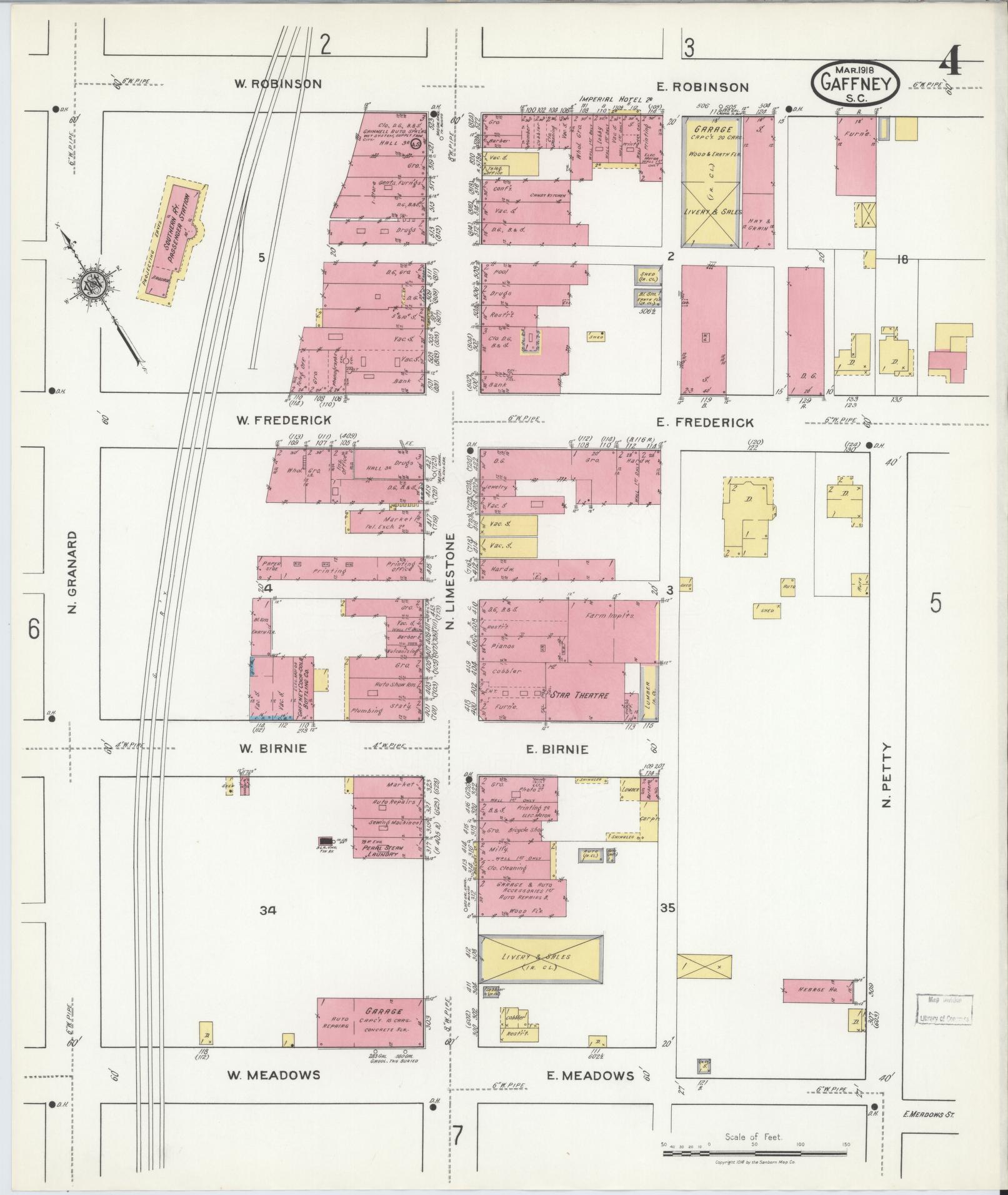 Sanborn Fire Insurance Map from Gaffney, Cherokee County, South Carolina (1918), Sheet #0004 - Historic Sanborn Fire Insurance Map Print, vintage old map wall art, antique decor, genealogy gift, South Carolina South Carolina map
