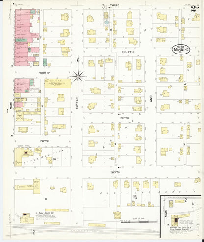 Sanborn Fire Insurance Map from Manning, Carroll County, Iowa (1908), Sheet #0002 - Historic Sanborn Fire Insurance Map Print, vintage old map wall art