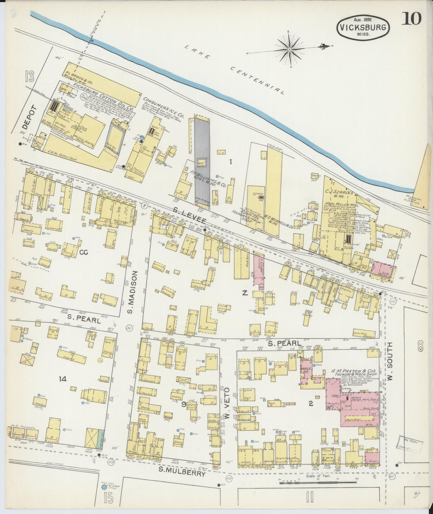 Sanborn Fire Insurance Map from Vicksburg, Warren County, Mississippi (1892), Sheet #0010 - Historic Sanborn Fire Insurance Map Print, vintage old map wall art, antique decor, genealogy gift, Mississippi Mississippi map