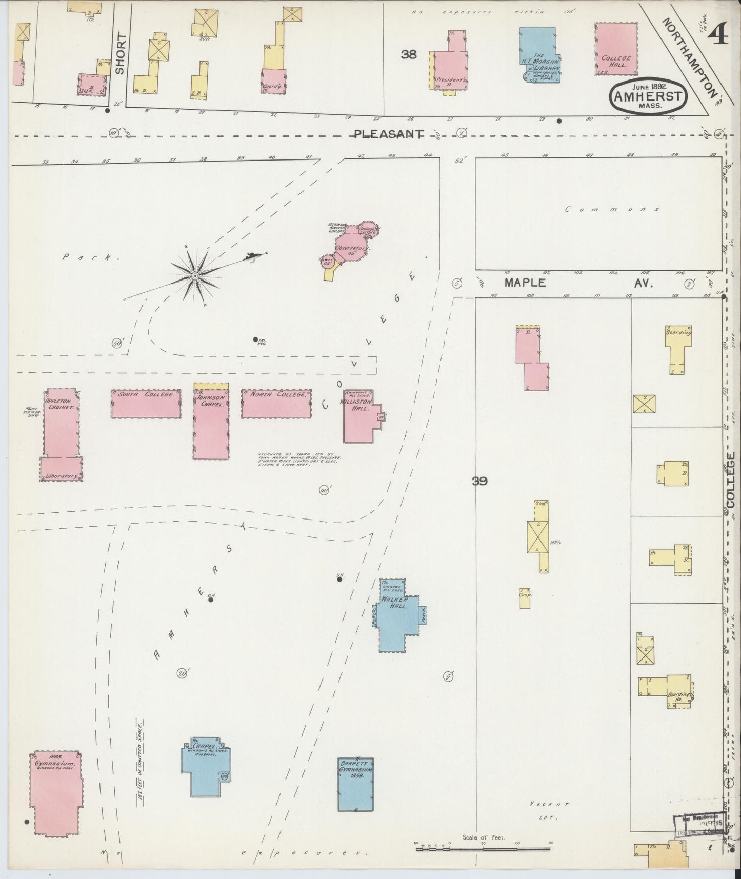 Sanborn Fire Insurance Map from Amherst, Hampshire County, Massachusetts (1892), Sheet #0004 - Historic Sanborn Fire Insurance Map Print, vintage old map wall art, antique decor, genealogy gift, Massachusetts Massachusetts map