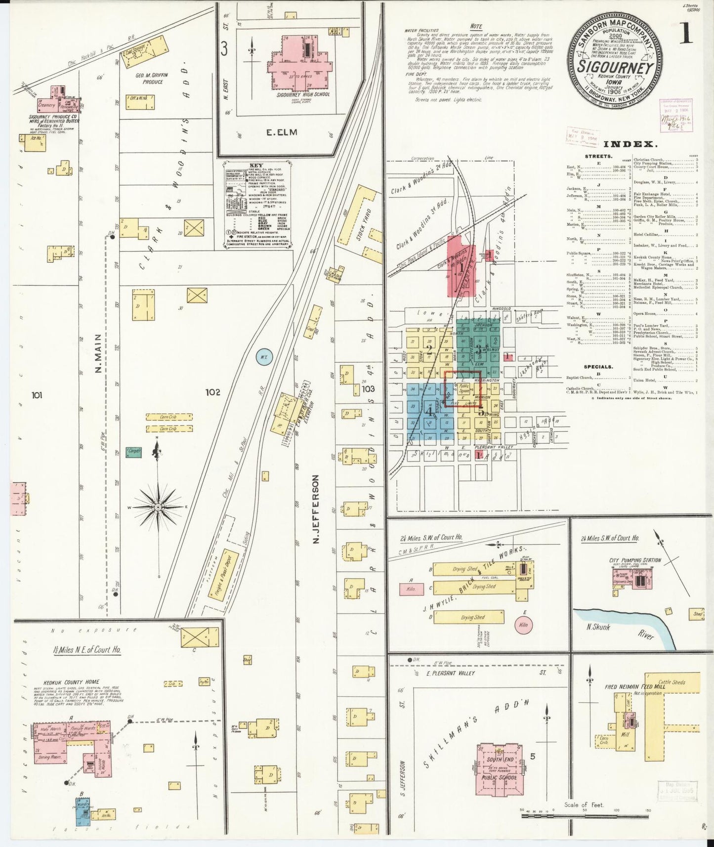 Sanborn Fire Insurance Map from Sigourney, Kiokuk County, Iowa (1906), Sheet #0001 - Historic Sanborn Fire Insurance Map Print, vintage old map wall art