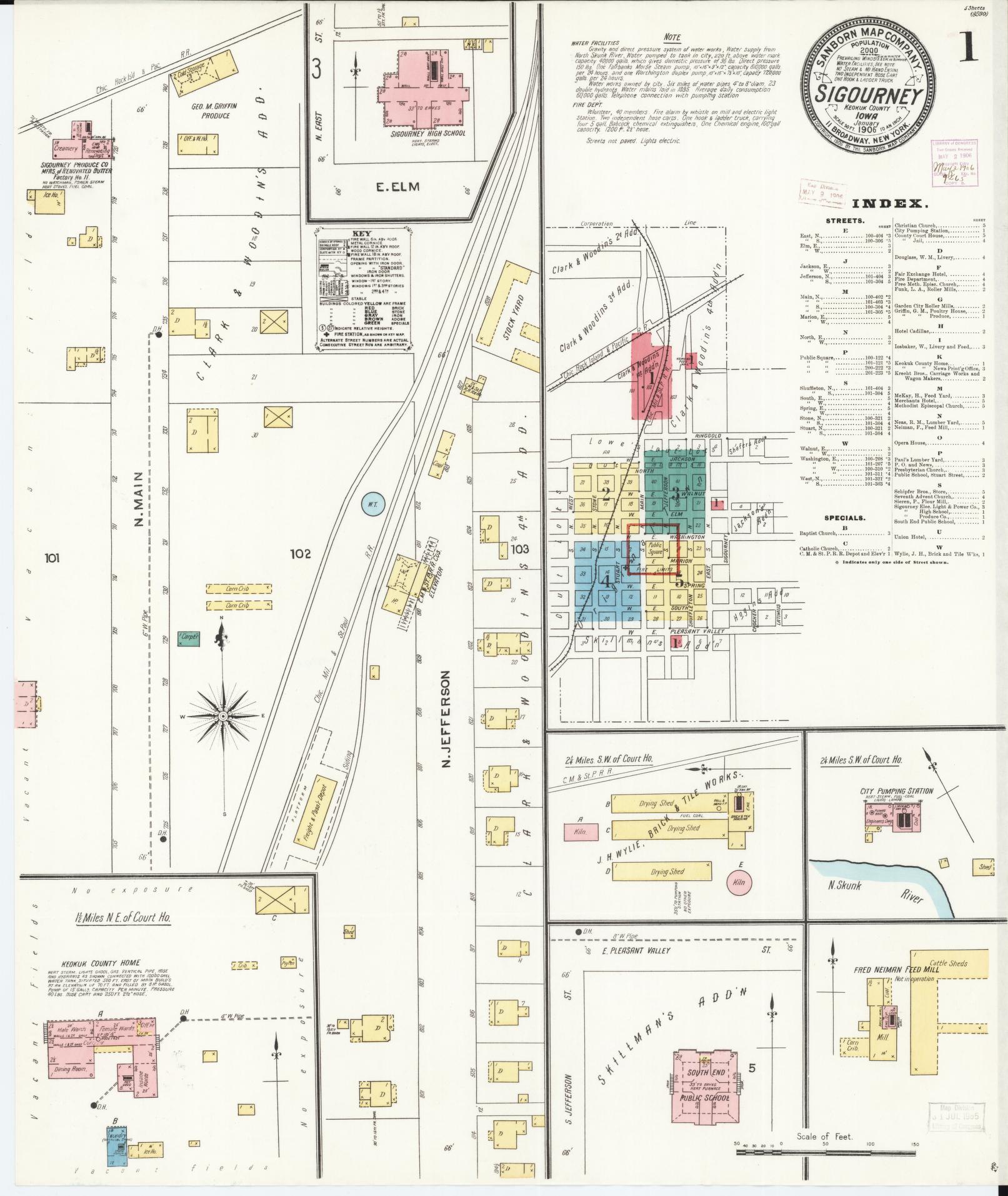 Sanborn Fire Insurance Map from Sigourney, Kiokuk County, Iowa (1906), Sheet #0001 - Historic Sanborn Fire Insurance Map Print, vintage old map wall art