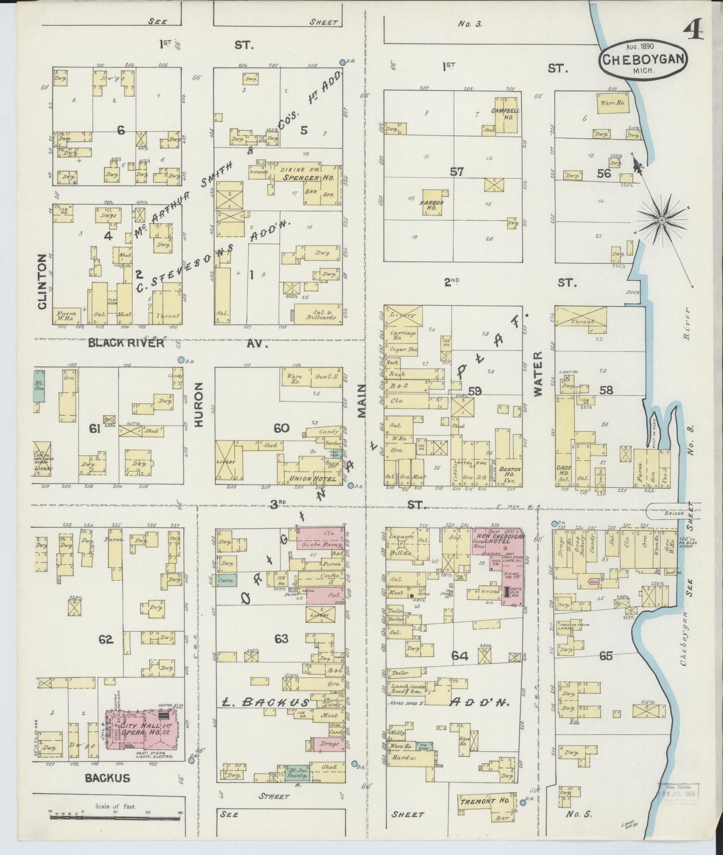 Sanborn Fire Insurance Map from Cheboygan, Cheboygan County, Michigan (1890), Sheet #0004 - Historic Sanborn Fire Insurance Map Print, vintage old map wall art, antique decor, genealogy gift, Michigan Michigan map