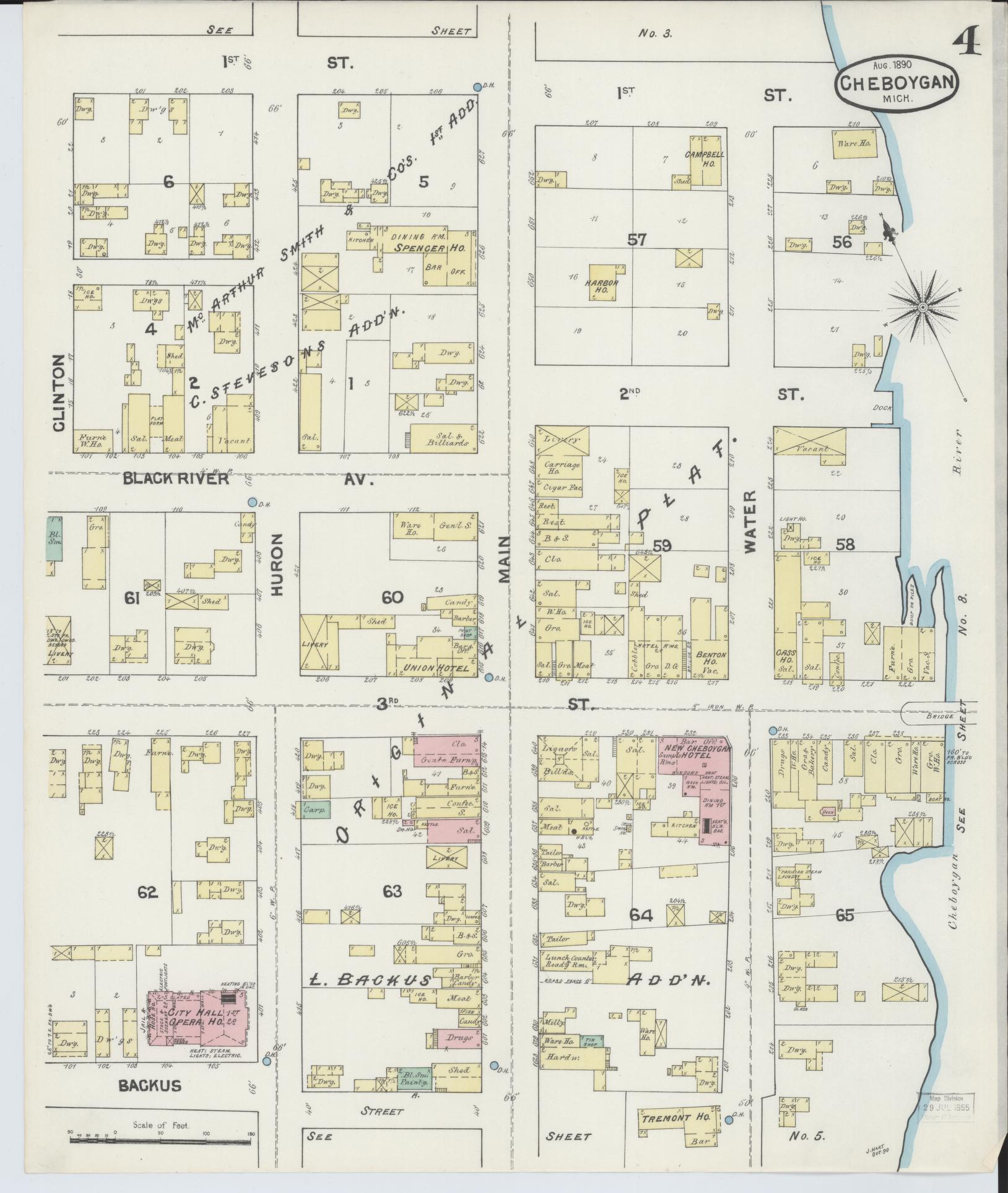 Sanborn Fire Insurance Map from Cheboygan, Cheboygan County, Michigan (1890), Sheet #0004 - Historic Sanborn Fire Insurance Map Print, vintage old map wall art, antique decor, genealogy gift, Michigan Michigan map