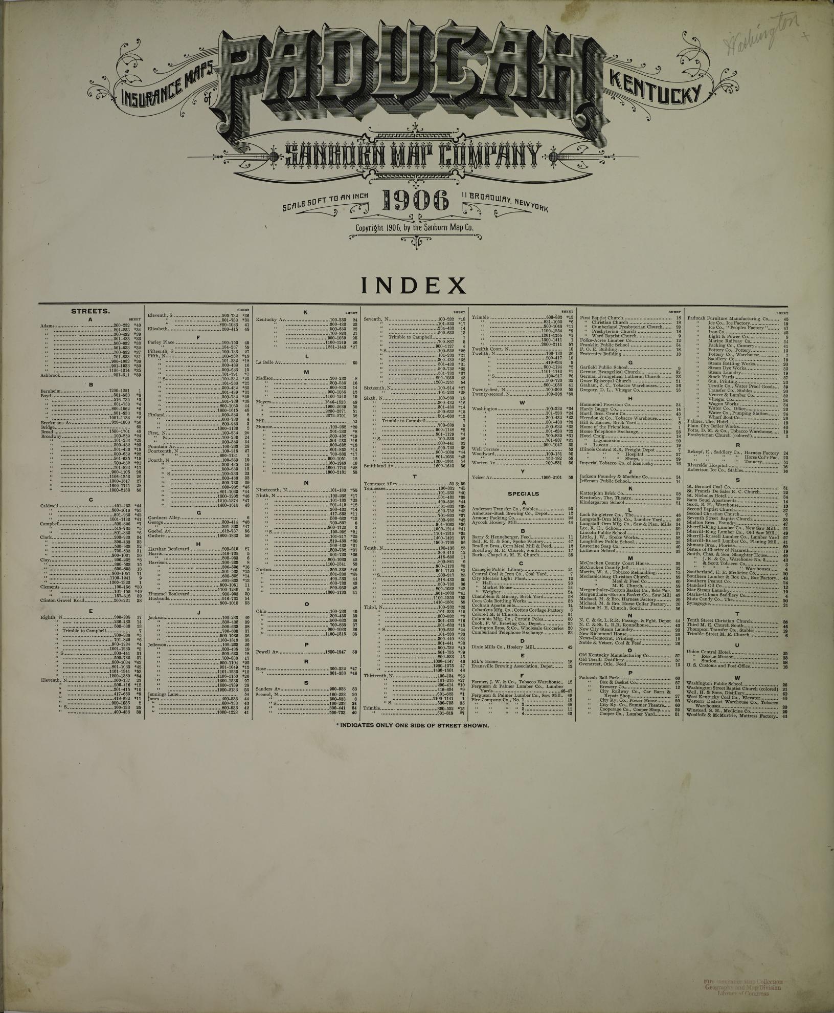 Sanborn Fire Insurance Map from Paducah, Mccraken County, Kentucky (1906), Sheet #0001 - Historic Sanborn Fire Insurance Map Print, vintage old map wall art, antique decor, genealogy gift, Kentucky Kentucky map