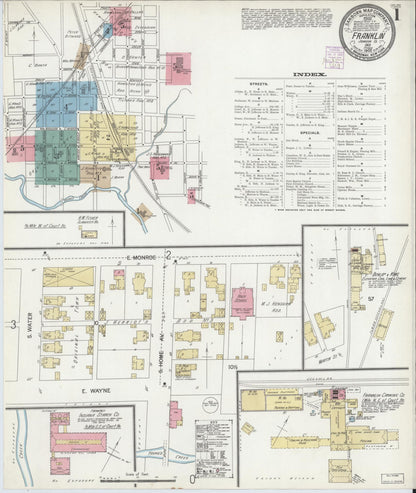Sanborn Fire Insurance Map from Franklin, Johnson County, Indiana (1902), Sheet #0001 - Historic Sanborn Fire Insurance Map Print, vintage old map wall art, antique decor, genealogy gift, Indiana Indiana map