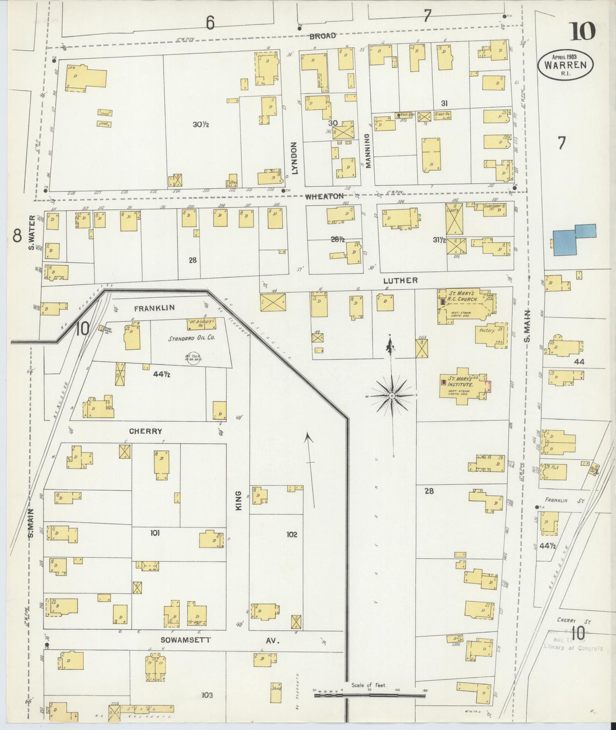 Sanborn Fire Insurance Map from Warren, Bristol County, Rhode Island (1903), Sheet #0010 - Historic Sanborn Fire Insurance Map Print, vintage old map wall art, antique decor, genealogy gift, Rhode Island Rhode Island map