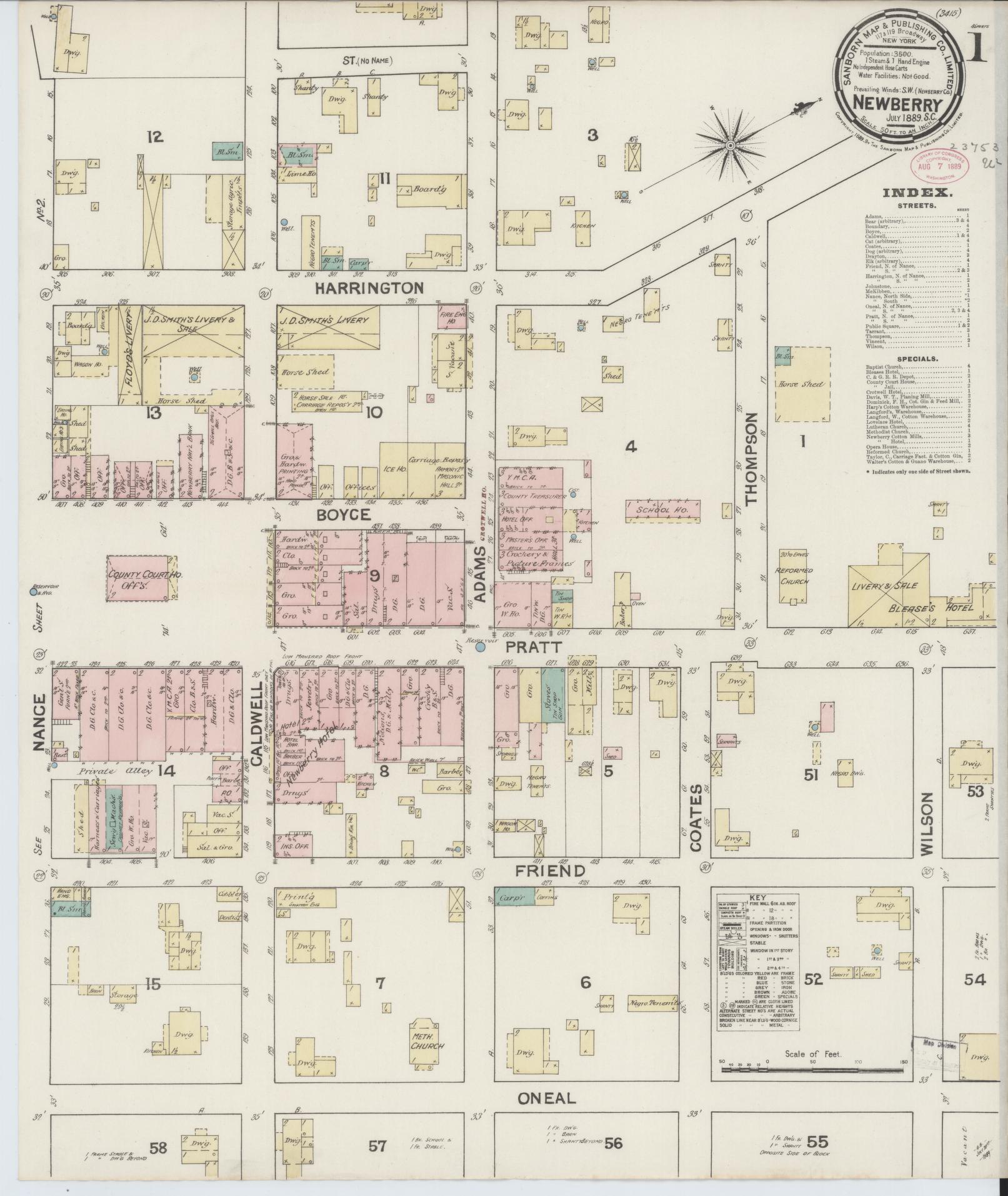 Sanborn Fire Insurance Map from Newberry, Newberry County, South Carolina (1889), Sheet #0001 - Complete Map Set gallery image, historic Sanborn map, vintage wall art, South Carolina South Carolina