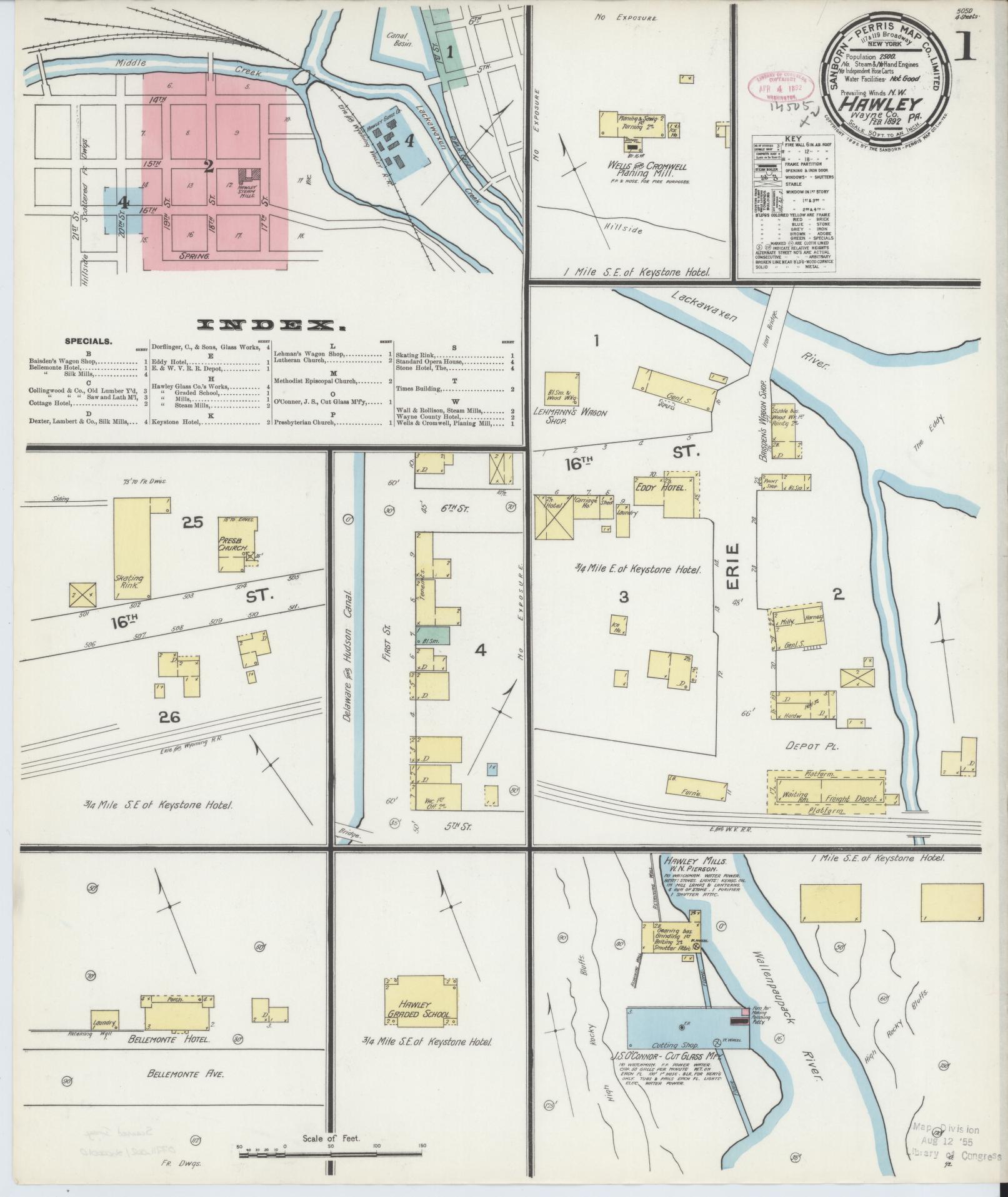 Sanborn Fire Insurance Map from Hawley, Wayne County, Pennsylvania (1892), Sheet #0001 - Historic Sanborn Fire Insurance Map Print, vintage old map wall art, antique decor, genealogy gift, Pennsylvania Pennsylvania map