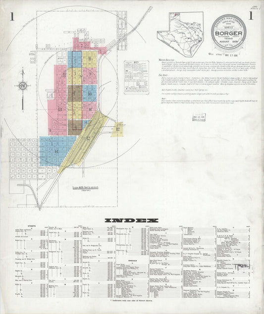 Sanborn Fire Insurance Map from Borger, Hutchinson County, Texas (1928), Sheet #0001 - Historic Sanborn Fire Insurance Map Print, vintage old map wall art, antique decor, genealogy gift, Texas Texas map