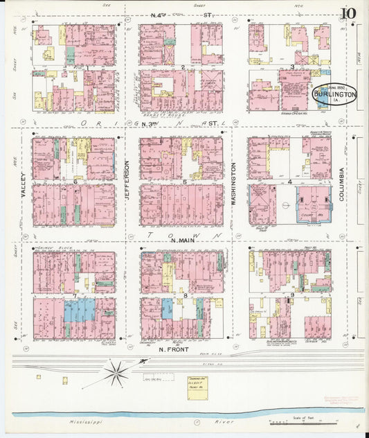 Sanborn Fire Insurance Map from Burlington, Des Moines County, Iowa (1892), Sheet #0010 - Historic Sanborn Fire Insurance Map Print, vintage old map wall art
