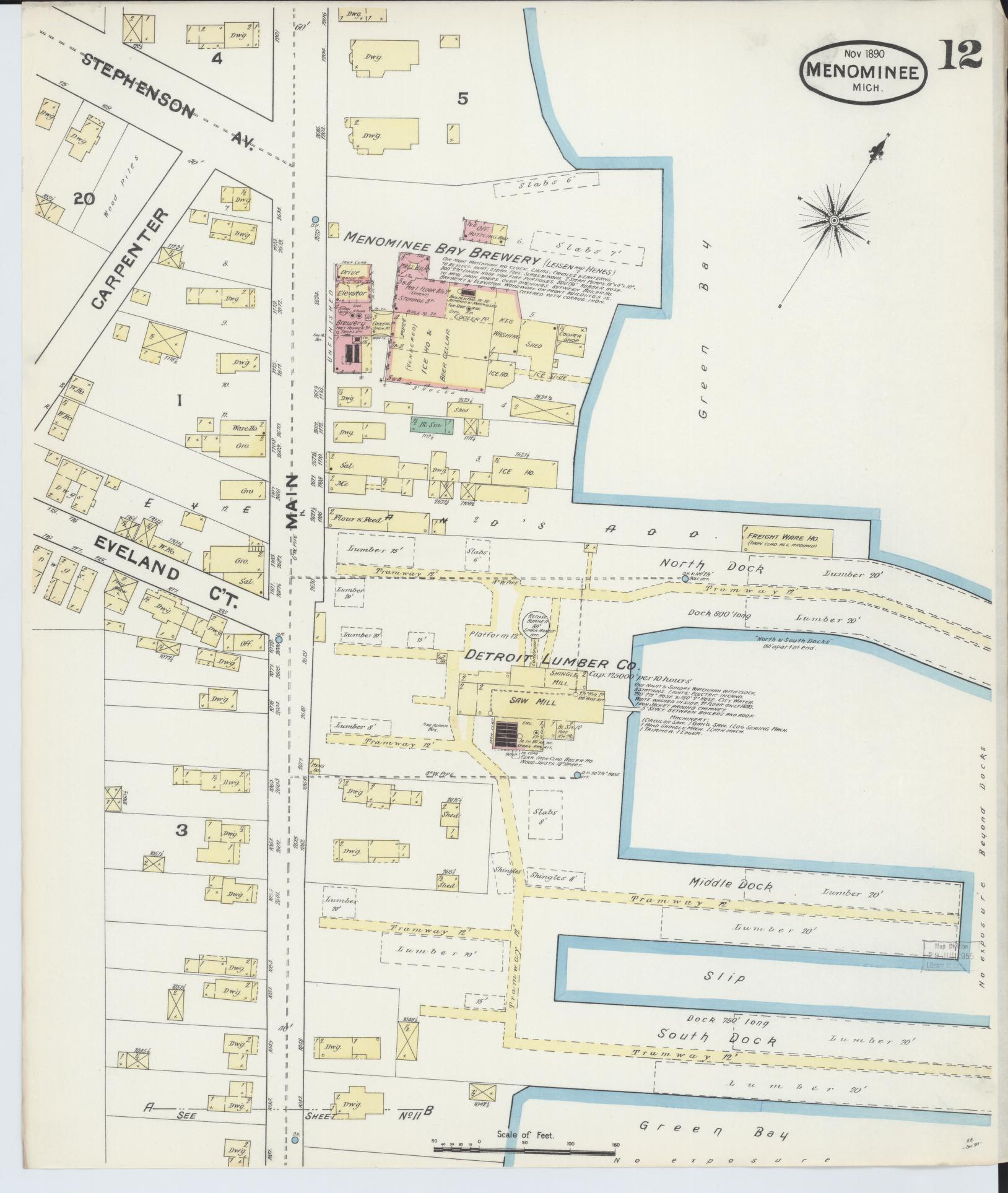 Sanborn Fire Insurance Map from Menominee, Menominee County, Michigan (1890), Sheet #0012 - Complete Map Set gallery image, historic Sanborn map, vintage wall art, Michigan Michigan