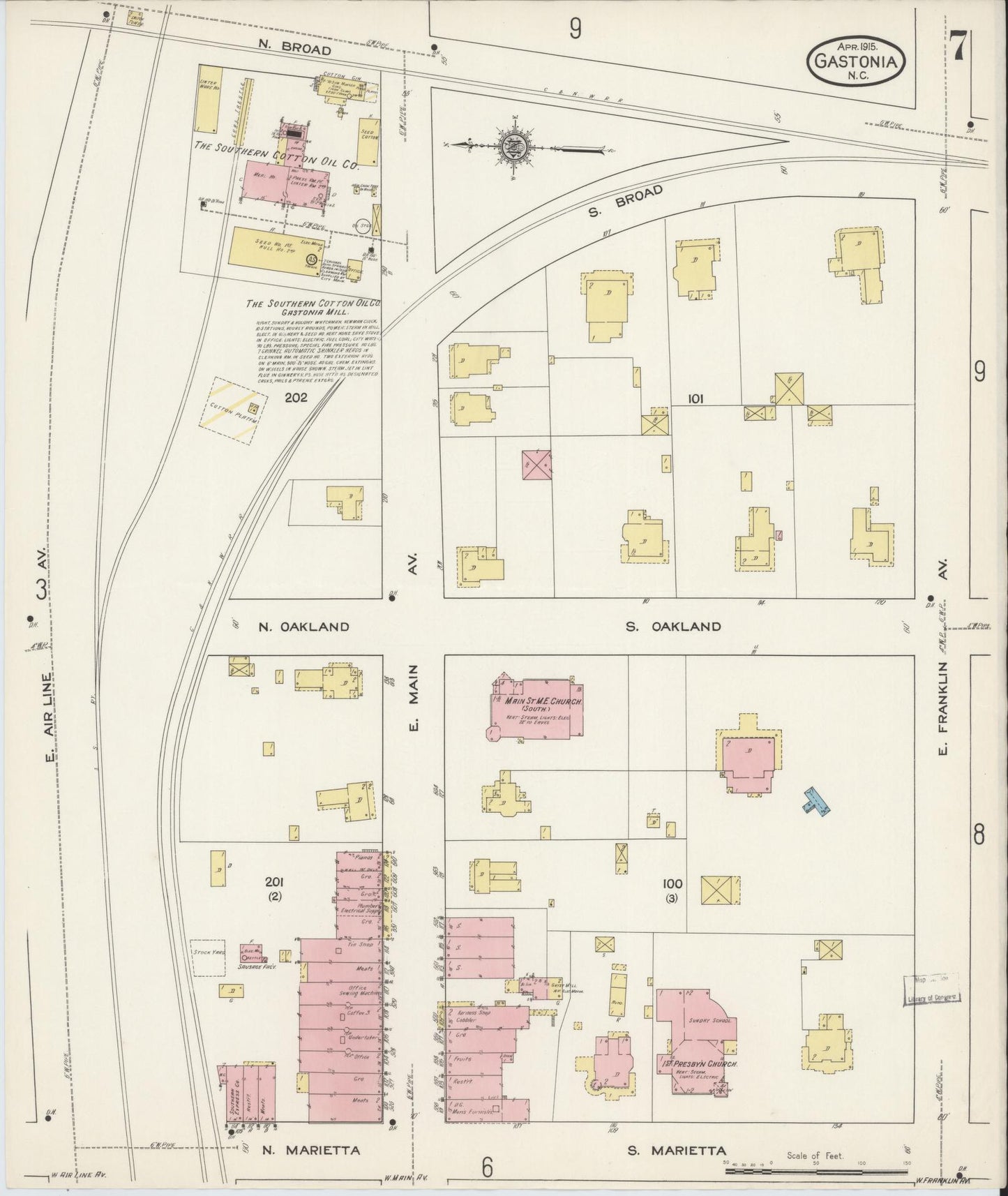 Sanborn Fire Insurance Map from Gastonia, Gaston County, North Carolina (1915), Sheet #0007 - Complete Map Set gallery image, historic Sanborn map, vintage wall art, North Carolina North Carolina