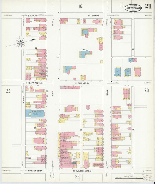 Sanborn Fire Insurance Map from Pottstown, Montgomery County, Pennsylvania (1909), Sheet #0021 - Historic Sanborn Fire Insurance Map Print, vintage old map wall art, antique decor, genealogy gift, Pennsylvania Pennsylvania map