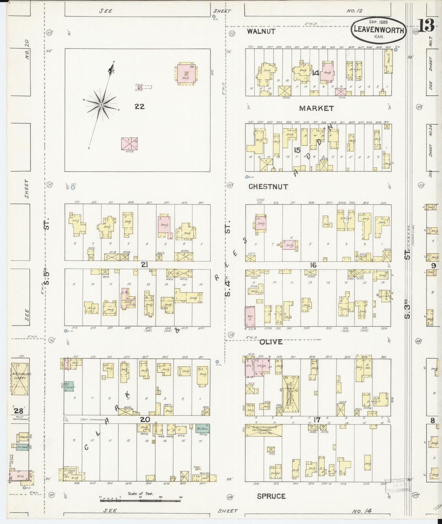 Sanborn Fire Insurance Map from Leavenworth, Leavenworth County, Kansas (1889), Sheet #0014 - Historic Sanborn Fire Insurance Map Print, vintage old map wall art, antique decor, genealogy gift, Kansas Kansas map