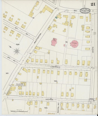 Sanborn Fire Insurance Map from Taunton, Bristol County, Massachusetts (1893), Sheet #0021 - Historic Sanborn Fire Insurance Map Print, vintage old map wall art, antique decor, genealogy gift, Massachusetts Massachusetts map