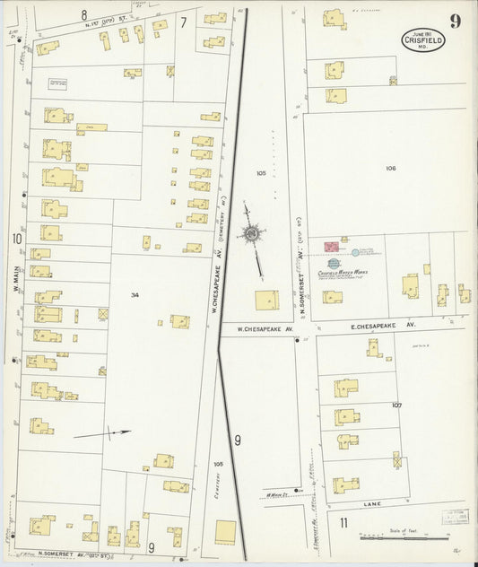 Sanborn Fire Insurance Map from Crisfield, Somerset County, Maryland (1911), Sheet #0009 - Historic Sanborn Fire Insurance Map Print, vintage old map wall art, antique decor, genealogy gift, Maryland Maryland map