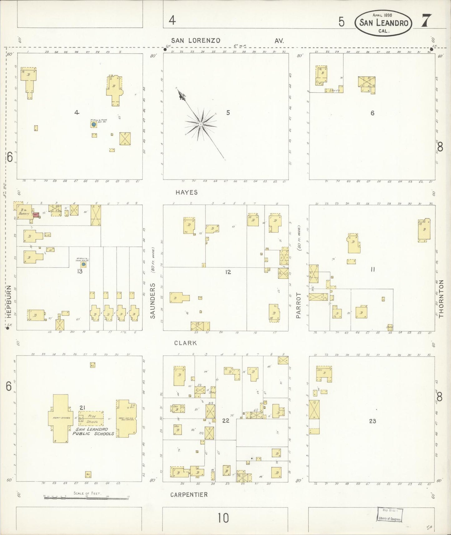 Sanborn Fire Insurance Map from San Leandro, Alameda County, California (1898), Sheet #0007 - Complete Map Set gallery image, historic Sanborn map, vintage wall art, California California