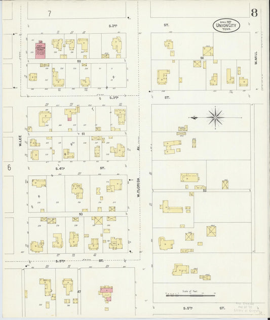Sanborn Fire Insurance Map from Union City, Obion County, Tennessee (1907), Sheet #0008 - Historic Sanborn Fire Insurance Map Print, vintage old map wall art, antique decor, genealogy gift, Tennessee Tennessee map