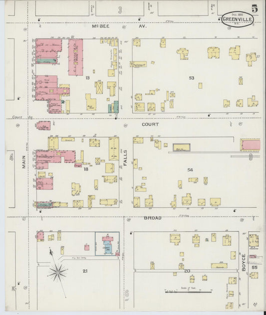Sanborn Fire Insurance Map from Greenville, Greenville County, South Carolina (1893), Sheet #0005 - Historic Sanborn Fire Insurance Map Print, vintage old map wall art, antique decor, genealogy gift, South Carolina South Carolina map
