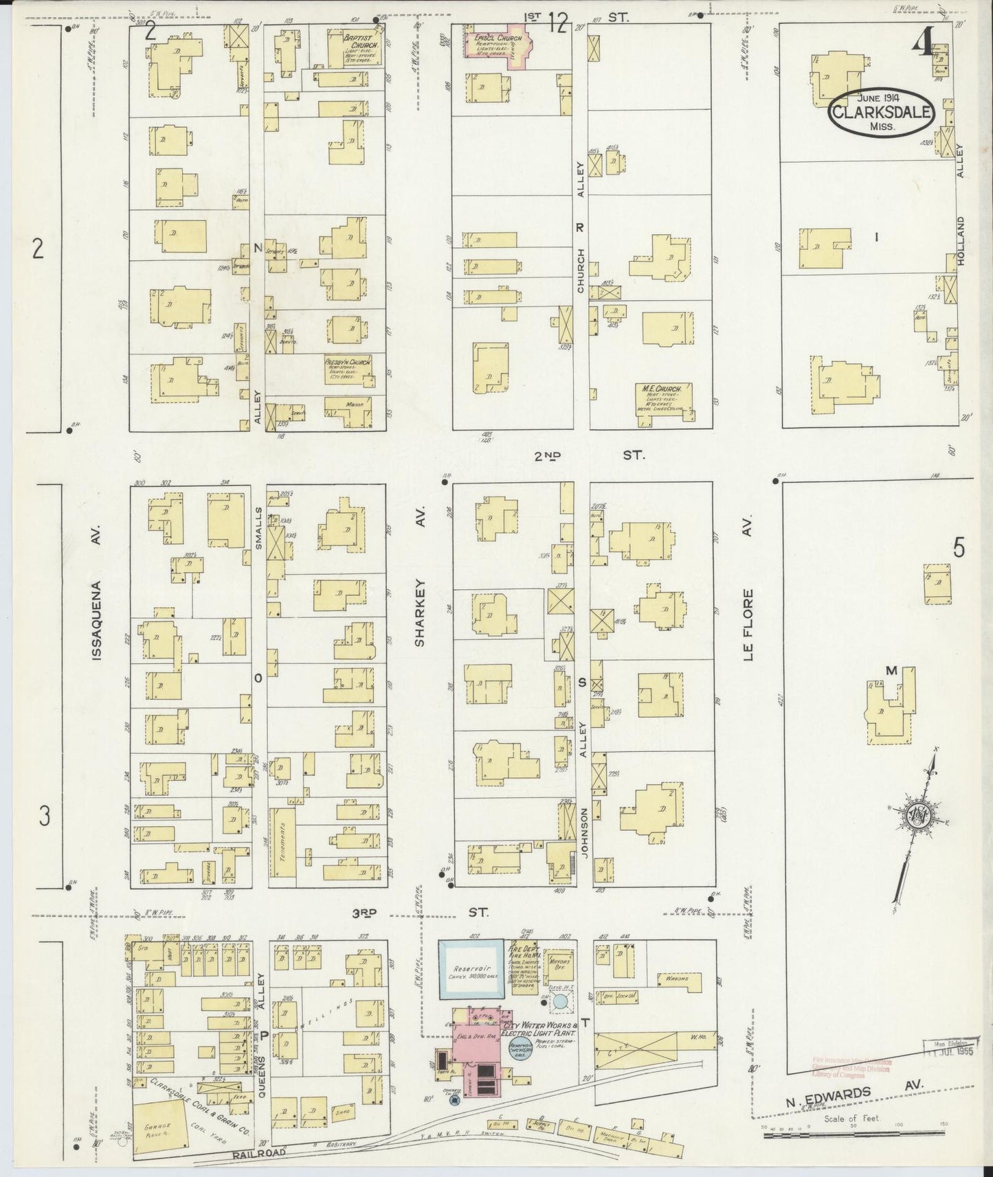 Sanborn Fire Insurance Map from Clarksdale, Coahoma County, Mississippi (1914), Sheet #0004 - Historic Sanborn Fire Insurance Map Print, vintage old map wall art, antique decor, genealogy gift, Mississippi Mississippi map