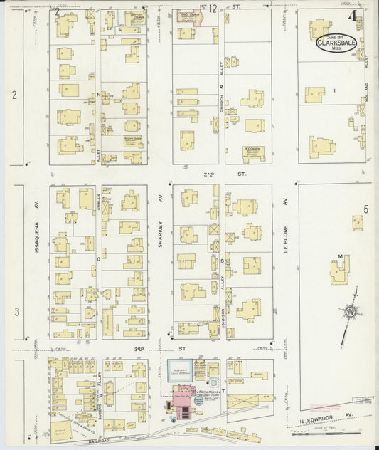 Sanborn Fire Insurance Map from Clarksdale, Coahoma County, Mississippi (1914), Sheet #0004 - Historic Sanborn Fire Insurance Map Print, vintage old map wall art, antique decor, genealogy gift, Mississippi Mississippi map