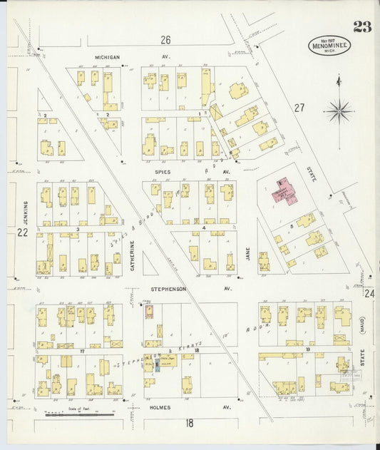 Sanborn Fire Insurance Map from Menominee, Menominee County, Michigan (1907), Sheet #0023 - Historic Sanborn Fire Insurance Map Print, vintage old map wall art, antique decor, genealogy gift, Michigan Michigan map