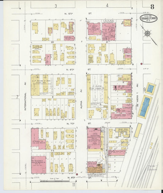 Sanborn Fire Insurance Map from Grand Forks, Grand Forks County, North Dakota (1916), Sheet #0008 - Historic Sanborn Fire Insurance Map Print, vintage old map wall art, antique decor, genealogy gift, North Dakota North Dakota map