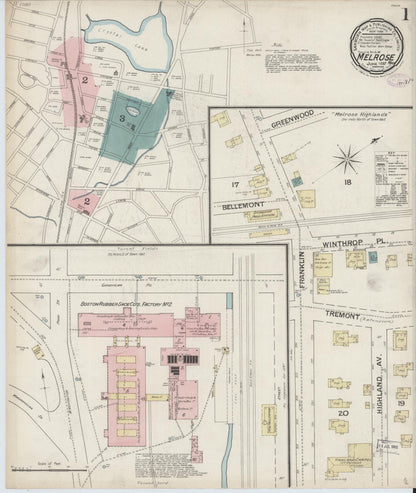 Sanborn Fire Insurance Map from Melrose, Middlesex County, Massachusetts (1887), Sheet #0001 - Historic Sanborn Fire Insurance Map Print, vintage old map wall art, antique decor, genealogy gift, Massachusetts Massachusetts map