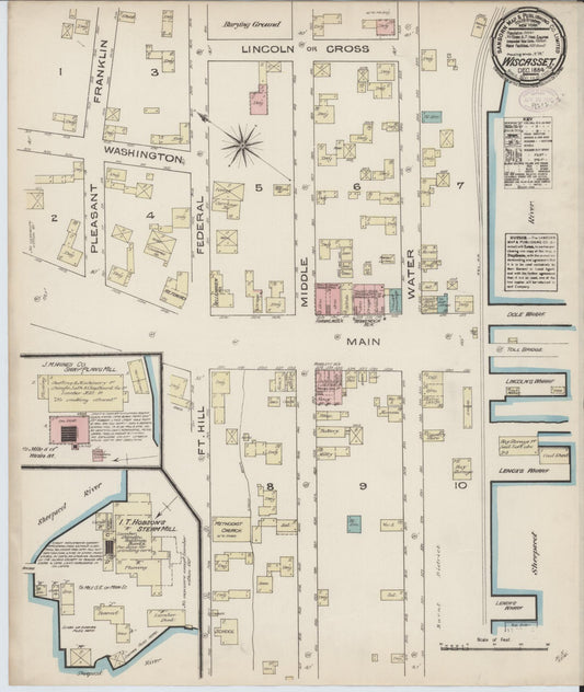 Sanborn Fire Insurance Map from Wiscasset, Lincoln County, Maine (1884), Sheet #0001 - Historic Sanborn Fire Insurance Map Print, vintage old map wall art, antique decor, genealogy gift, Maine Maine map