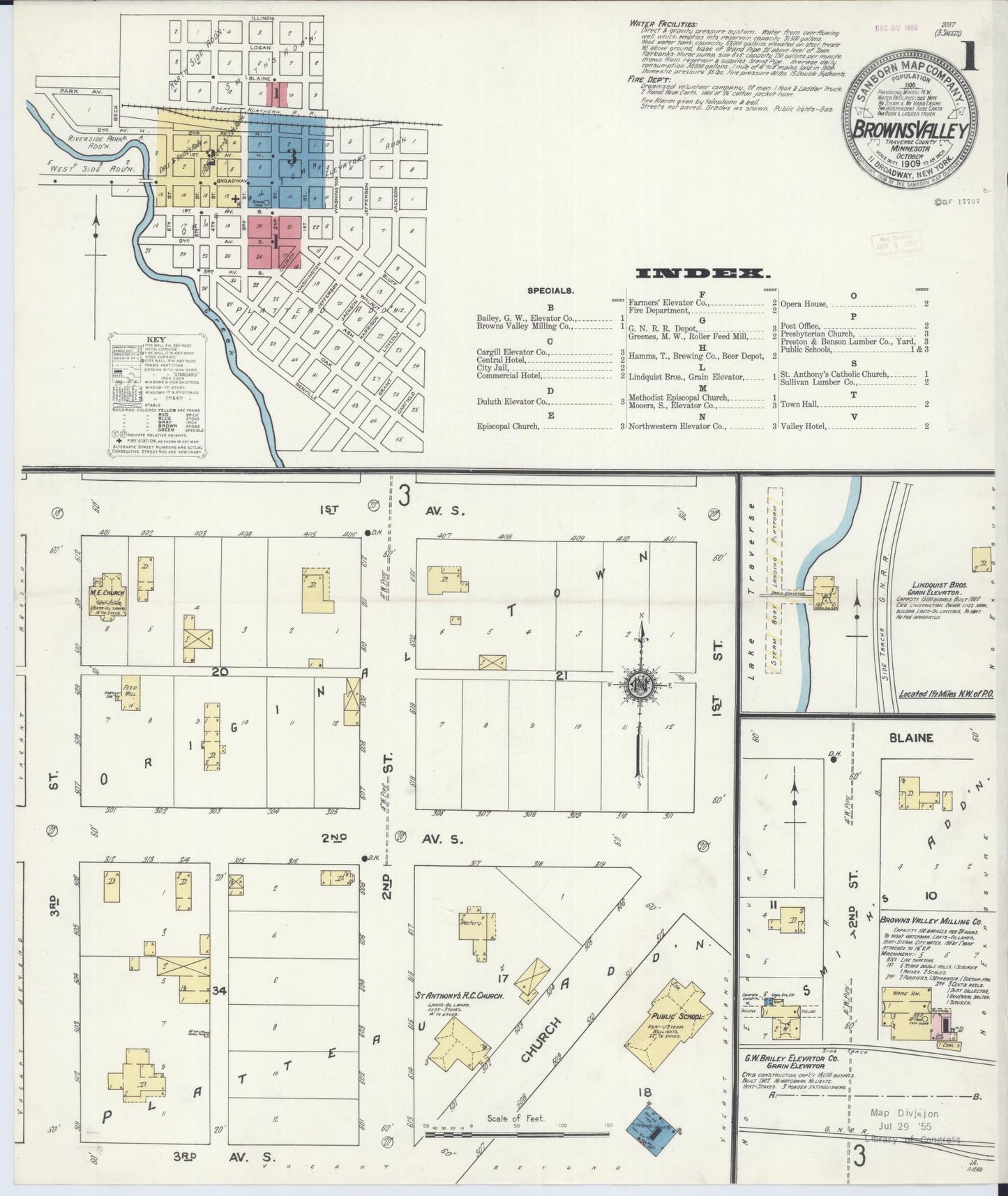Sanborn Fire Insurance Map from Browns Valley, Traverse County, Minnesota (1909), Sheet #0001 - Historic Sanborn Fire Insurance Map Print, vintage old map wall art, antique decor, genealogy gift, Minnesota Minnesota map