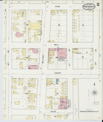 Sanborn Fire Insurance Map from Port Huron, Saint Clair County, Michigan (1892), Sheet #0002 - Historic Sanborn Fire Insurance Map Print, vintage old map wall art, antique decor, genealogy gift, Michigan Michigan map