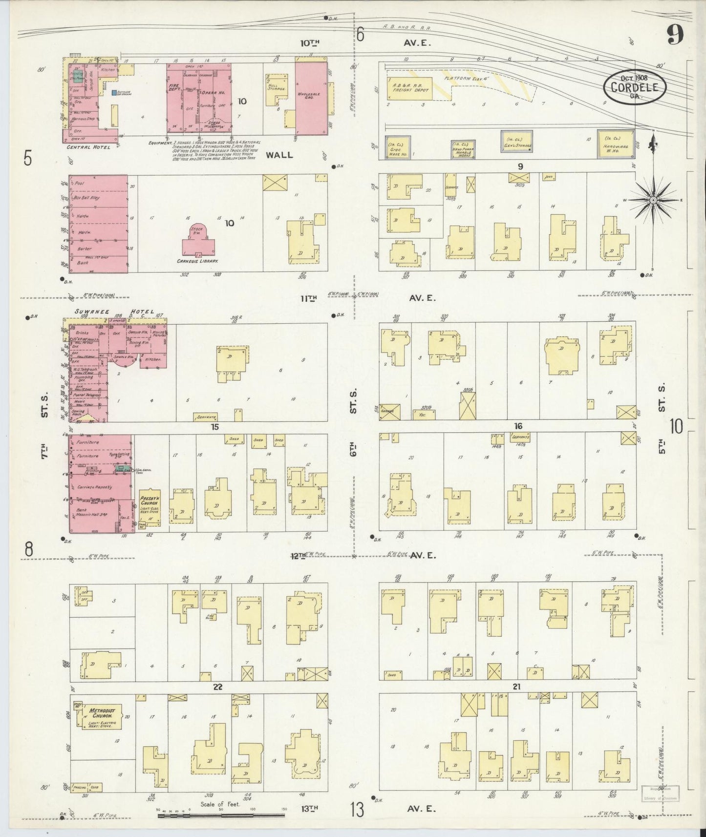 Sanborn Fire Insurance Map from Cordele, Crisp County, Georgia (1908), Sheet #0009 - Complete Map Set gallery image, historic Sanborn map, vintage wall art, Georgia Georgia