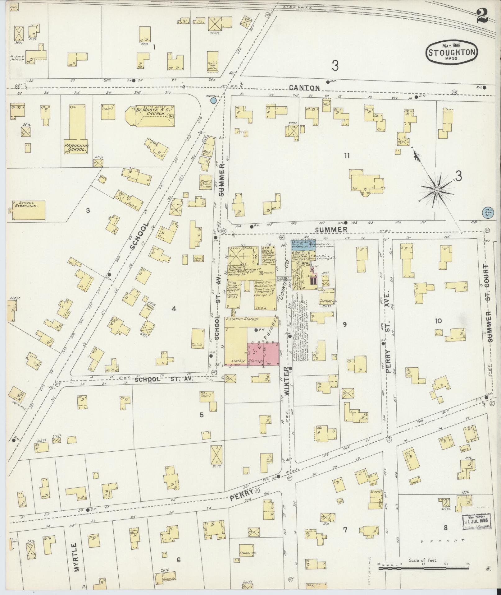Sanborn Fire Insurance Map from Stoughton, Norfolk County, Massachusetts (1896), Sheet #0002 - Historic Sanborn Fire Insurance Map Print, vintage old map wall art, antique decor, genealogy gift, Massachusetts Massachusetts map