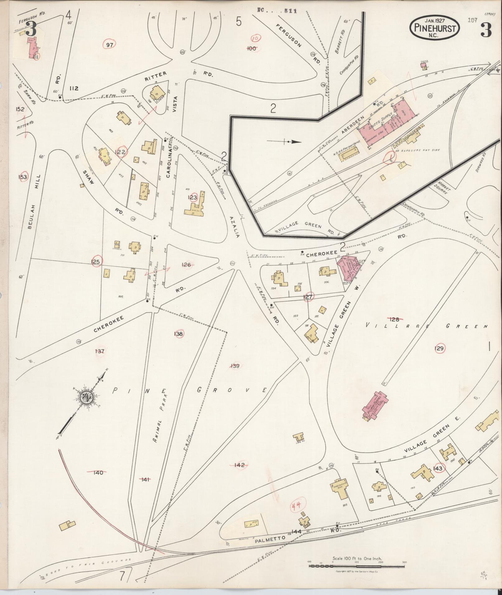 Sanborn Fire Insurance Map from Pinehurst, Moore County, North Carolina (1939), Sheet #0003 - Complete Map Set gallery image, historic Sanborn map, vintage wall art, North Carolina North Carolina
