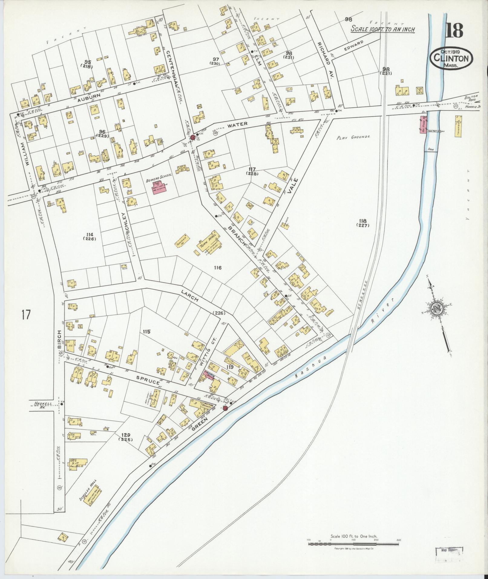 Sanborn Fire Insurance Map from Clinton, Worcester County, Massachusetts (1919), Sheet #0018 - Historic Sanborn Fire Insurance Map Print, vintage old map wall art, antique decor, genealogy gift, Massachusetts Massachusetts map