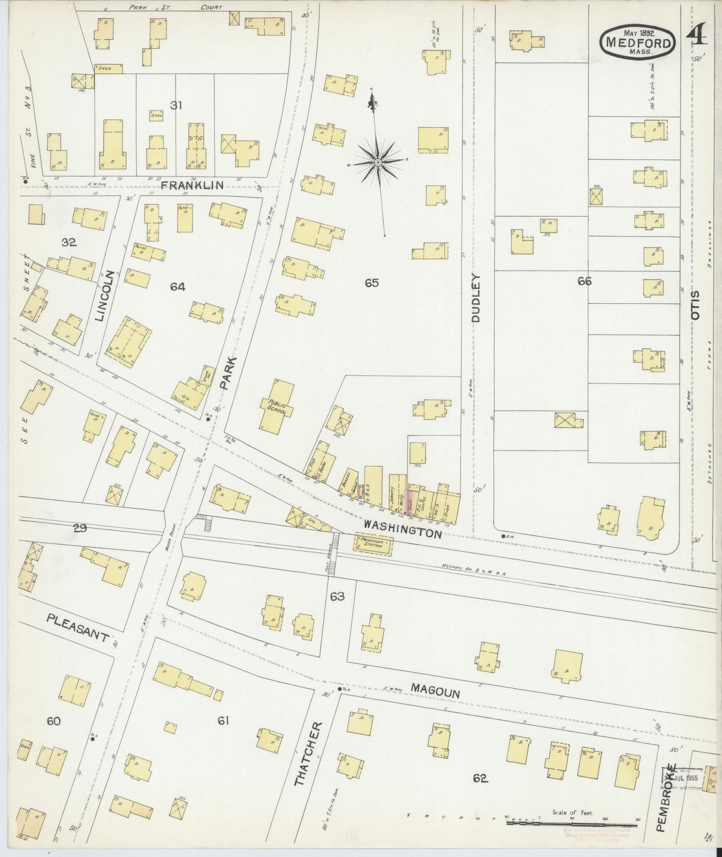 Sanborn Fire Insurance Map from Medford, Middlesex County, Massachusetts (1892), Sheet #0004 - Historic Sanborn Fire Insurance Map Print, vintage old map wall art, antique decor, genealogy gift, Massachusetts Massachusetts map