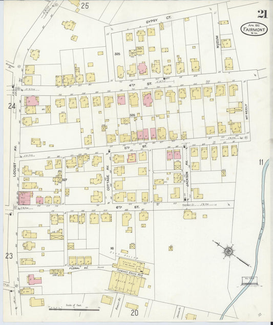 Sanborn Fire Insurance Map from Fairmont, Marion County, West Virginia (1912), Sheet #0021 - Historic Sanborn Fire Insurance Map Print, vintage old map wall art, antique decor, genealogy gift, West Virginia West Virginia map