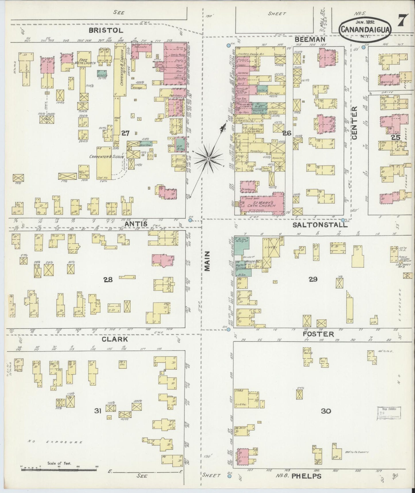 Sanborn Fire Insurance Map from Canandaigua, Ontario County, New York (1892), Sheet #0007 - Historic Sanborn Fire Insurance Map Print, vintage old map wall art, antique decor, genealogy gift, New York New York map