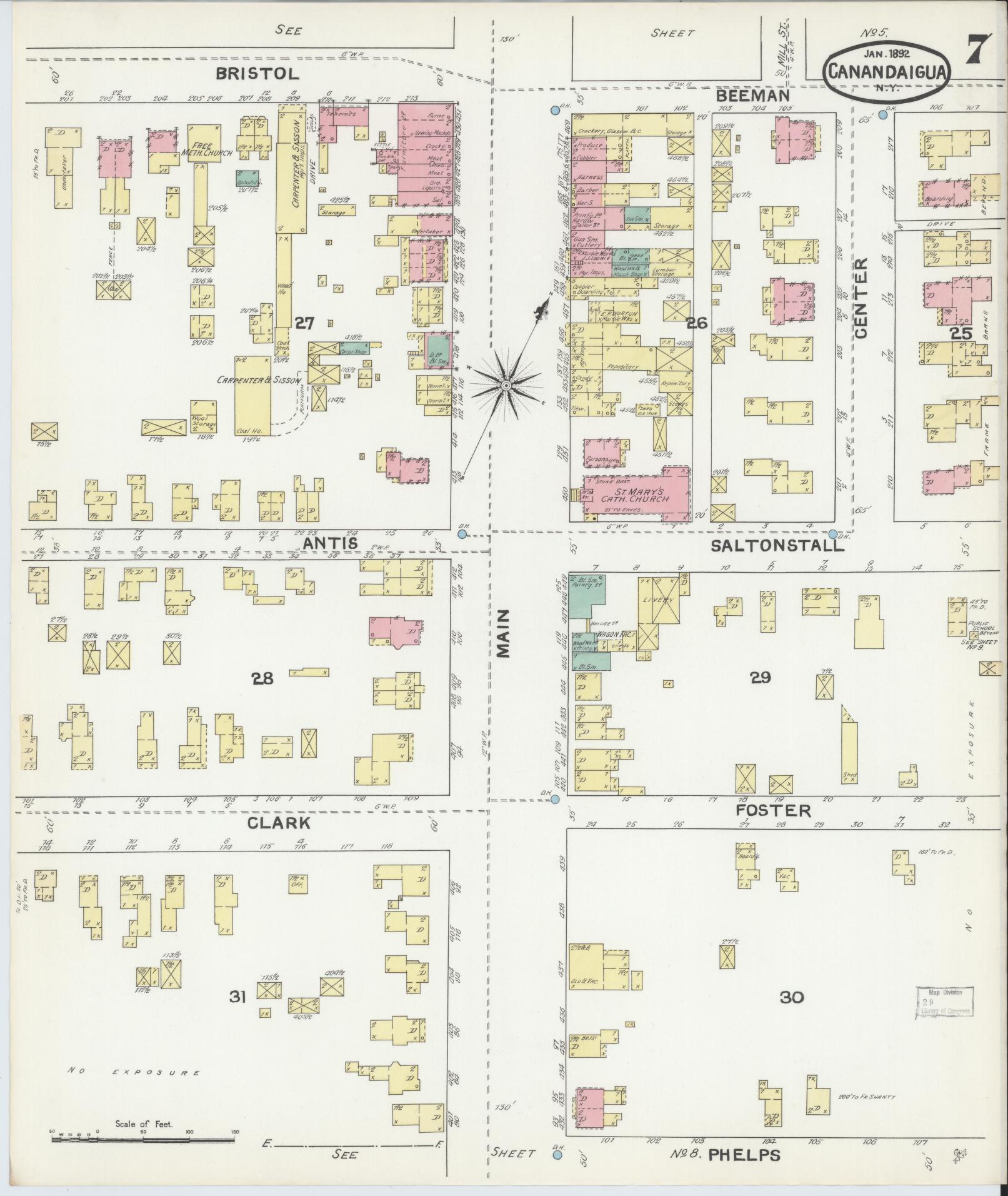 Sanborn Fire Insurance Map from Canandaigua, Ontario County, New York (1892), Sheet #0007 - Historic Sanborn Fire Insurance Map Print, vintage old map wall art, antique decor, genealogy gift, New York New York map