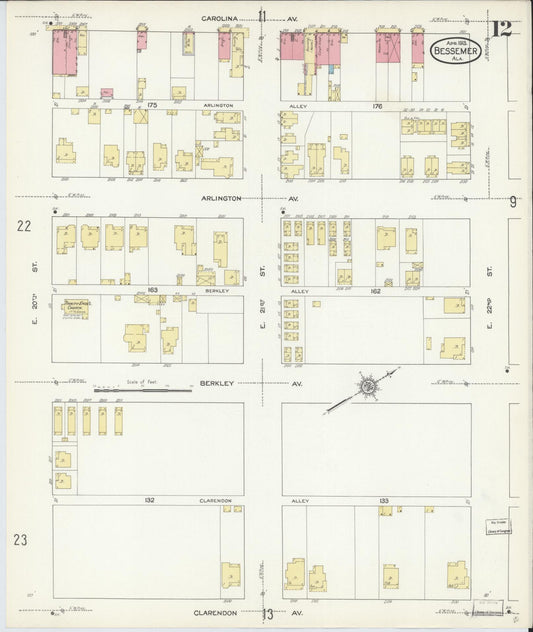 Sanborn Fire Insurance Map from Bessemer, Jefferson County, Alabama (1913), Sheet #0012 - Historic Sanborn Fire Insurance Map Print, vintage old map wall art, antique decor, genealogy gift, Alabama Alabama map