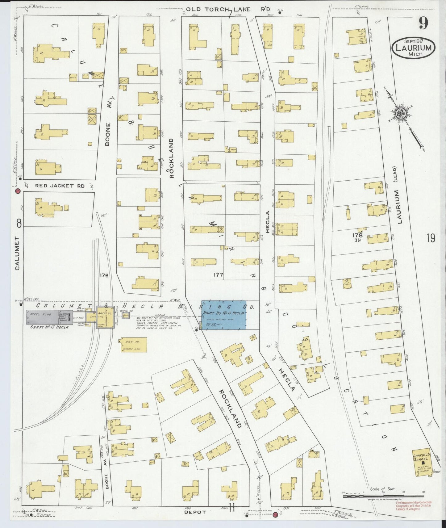 Sanborn Fire Insurance Map from Laurium, Houghton County, Michigan (1917), Sheet #0009 - Complete Map Set gallery image, historic Sanborn map, vintage wall art, Michigan Michigan
