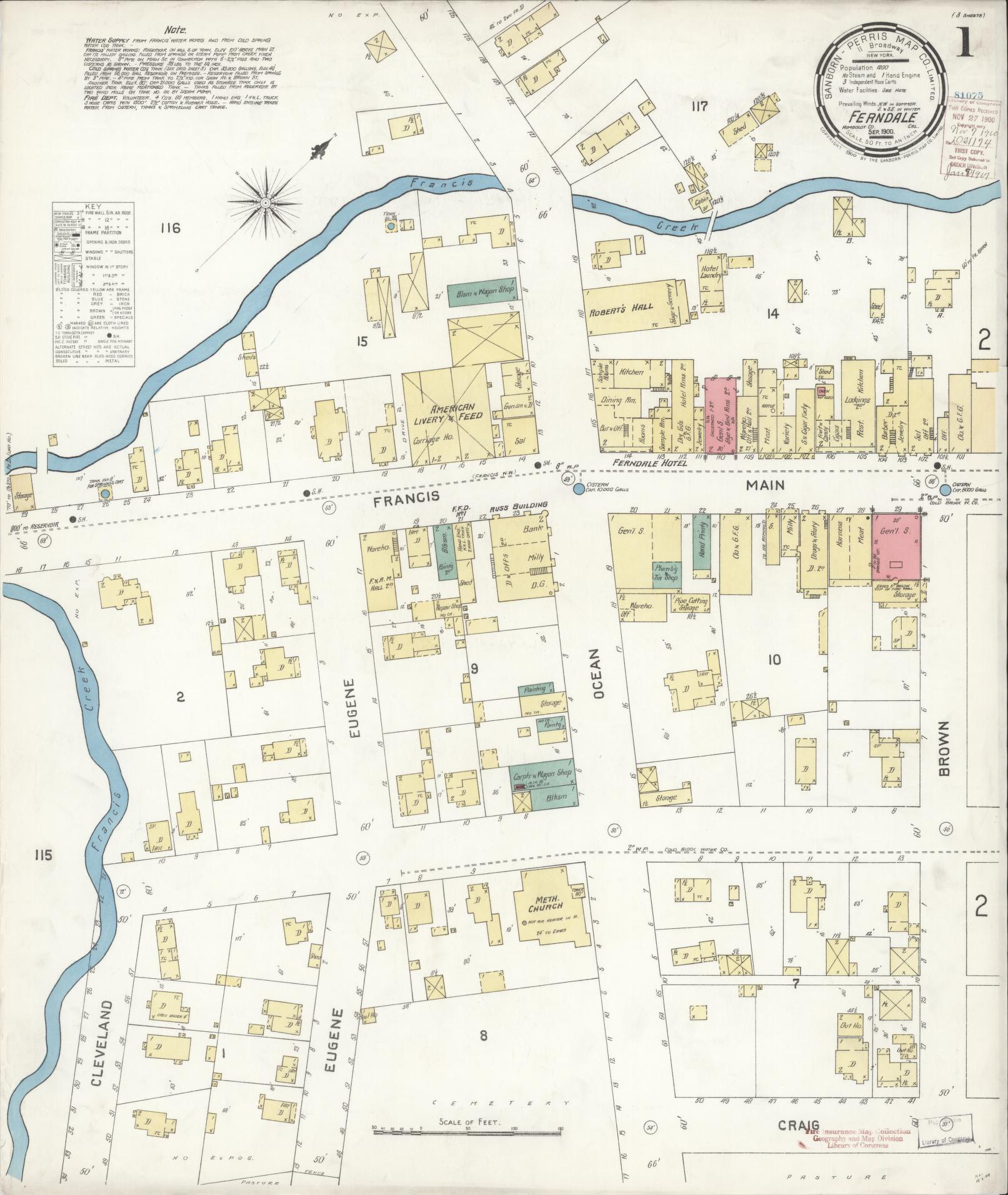 Sanborn Fire Insurance Map from Ferndale, Humboldt County, California (1900), Sheet #0001 - Historic Sanborn Fire Insurance Map Print, vintage old map wall art, antique decor, genealogy gift, California California map