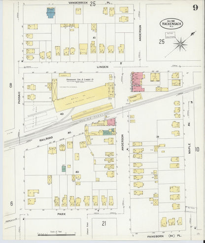 Sanborn Fire Insurance Map from Hackensack, Bergen County, New Jersey (1908), Sheet #0009 - Historic Sanborn Fire Insurance Map Print, vintage old map wall art, antique decor, genealogy gift, New Jersey New Jersey map