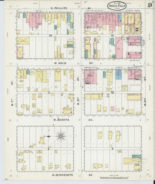 Sanborn Fire Insurance Map from Sioux Falls, Minnehaha County, South Dakota (1891), Sheet #0009 - Historic Sanborn Fire Insurance Map Print, vintage old map wall art, antique decor, genealogy gift, South Dakota South Dakota map