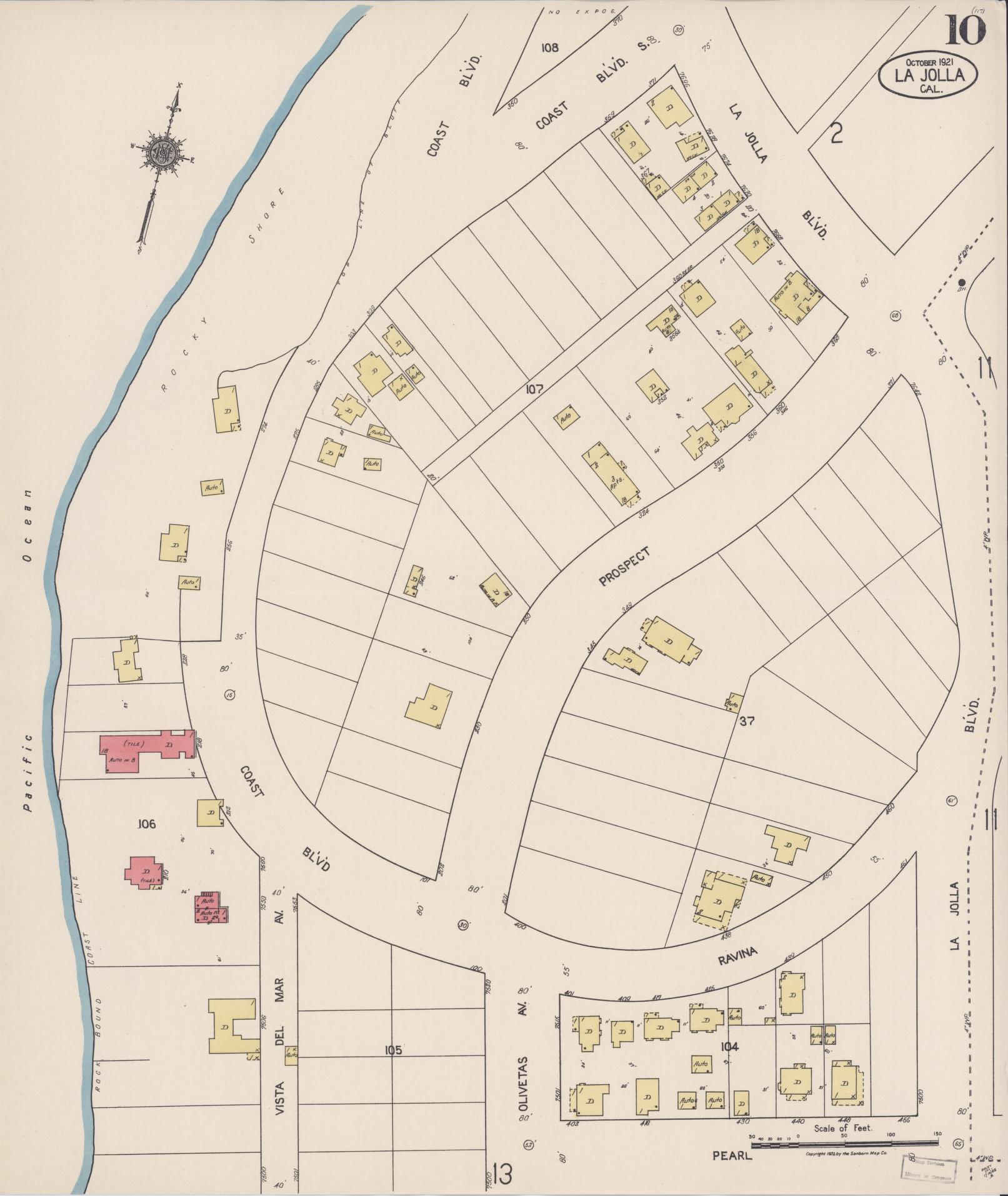 Sanborn Fire Insurance Map from La Jolla, San Diego County, California (1921), Sheet #0010 - Historic Sanborn Fire Insurance Map Print, vintage old map wall art, antique decor, genealogy gift, California California map