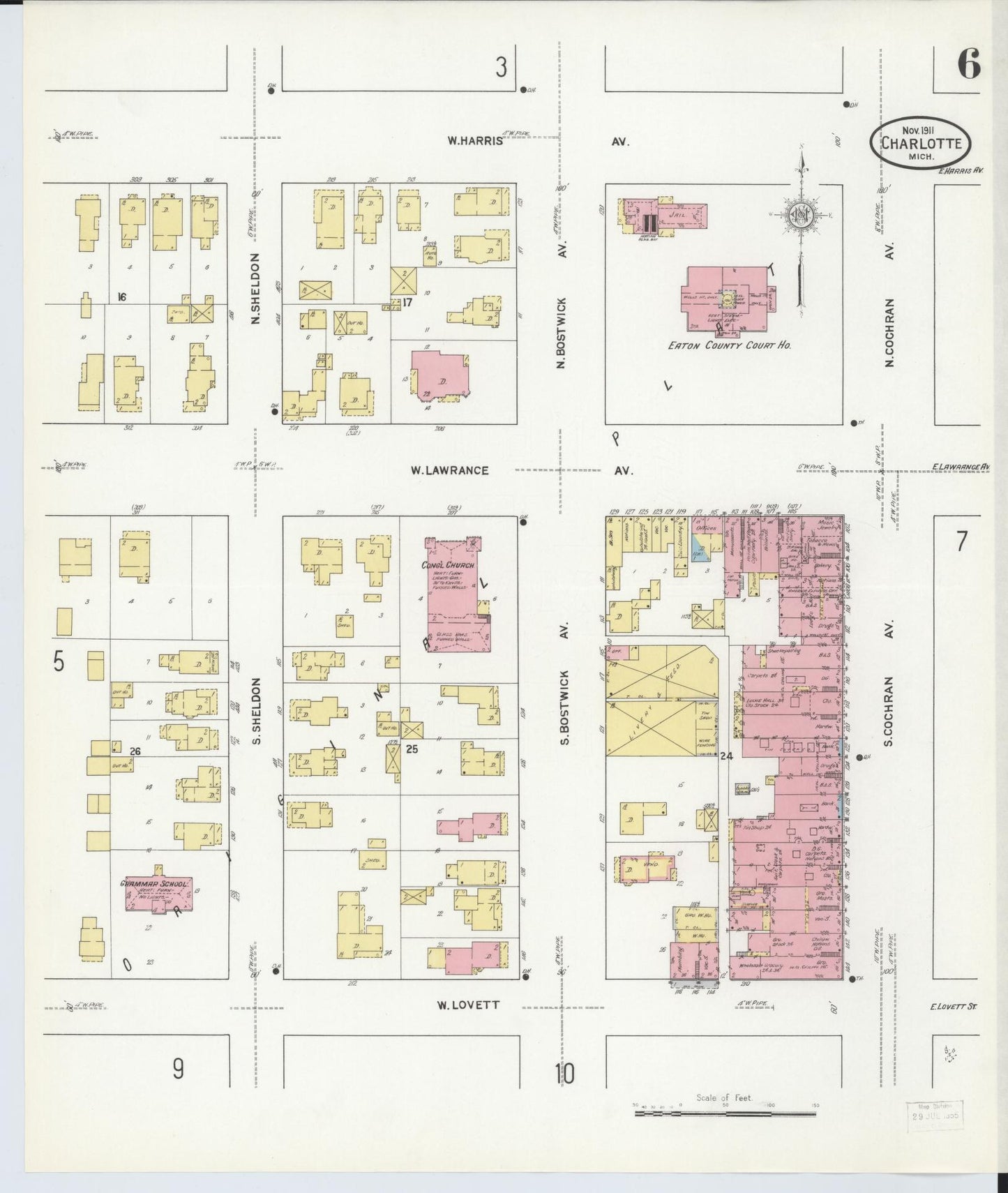 Sanborn Fire Insurance Map from Charlotte, Eaton County, Michigan (1911), Sheet #0006 - Complete Map Set gallery image, historic Sanborn map, vintage wall art, Michigan Michigan