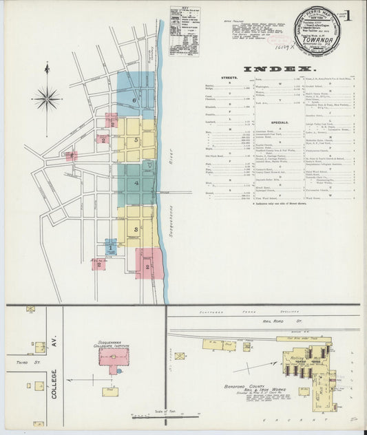 Sanborn Fire Insurance Map from Towanda, Bradford County, Pennsylvania (1892), Sheet #0001 - Historic Sanborn Fire Insurance Map Print, vintage old map wall art, antique decor, genealogy gift, Pennsylvania Pennsylvania map